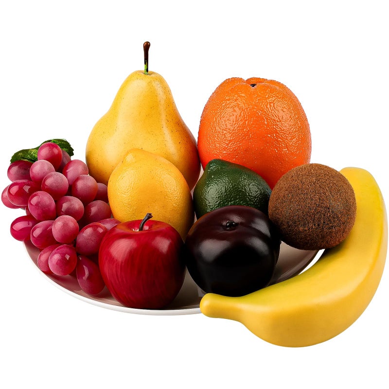 Gresorth جرسورث 9 قطع فواكه زخرفية صناعية واقعية تفاح برتقال كمثرى ليمون موز عنب زينة نموذج للمطبخ المنزلي - Image 1